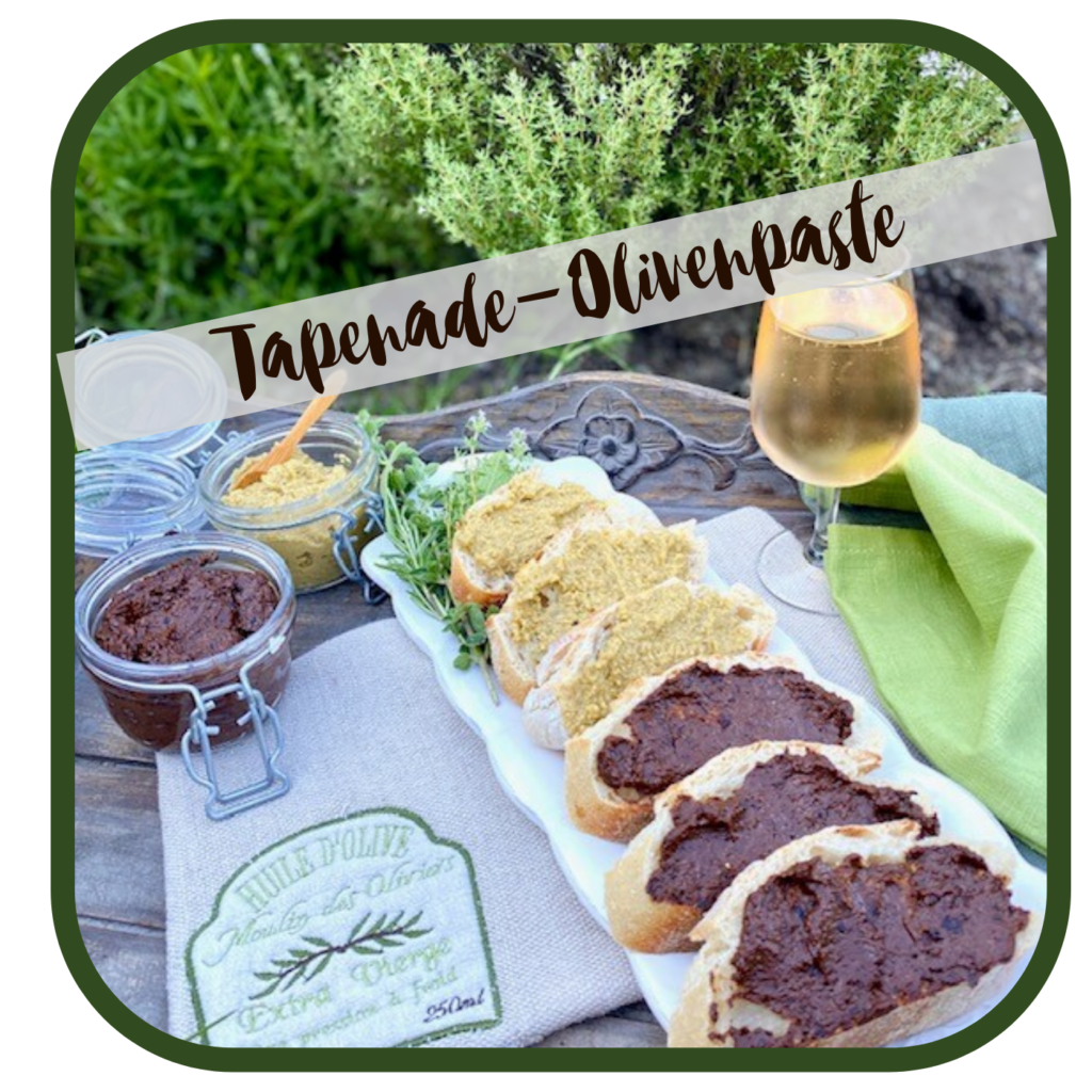 Olivenpaste schwarz und grün Tapenade noir vverte Rose Leinenserviette grün