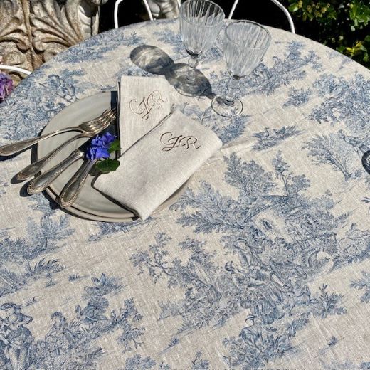 Tischdecke Leinen Toile de Jouy blau Französischer Landhausstil Atlier Luhabru