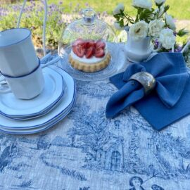 Tischdecke Leinen Toile de Jouy blau französischer Landhausstl Atleier Luhabru